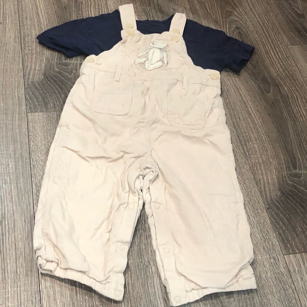 Kids Outfit Set Size 2-3 yrs Cream Overalls with Navy Shirt 2 pcs